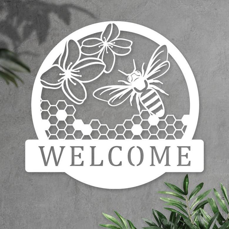 Personalized Honey Bee Welcome Metal Sign for Garden Decor