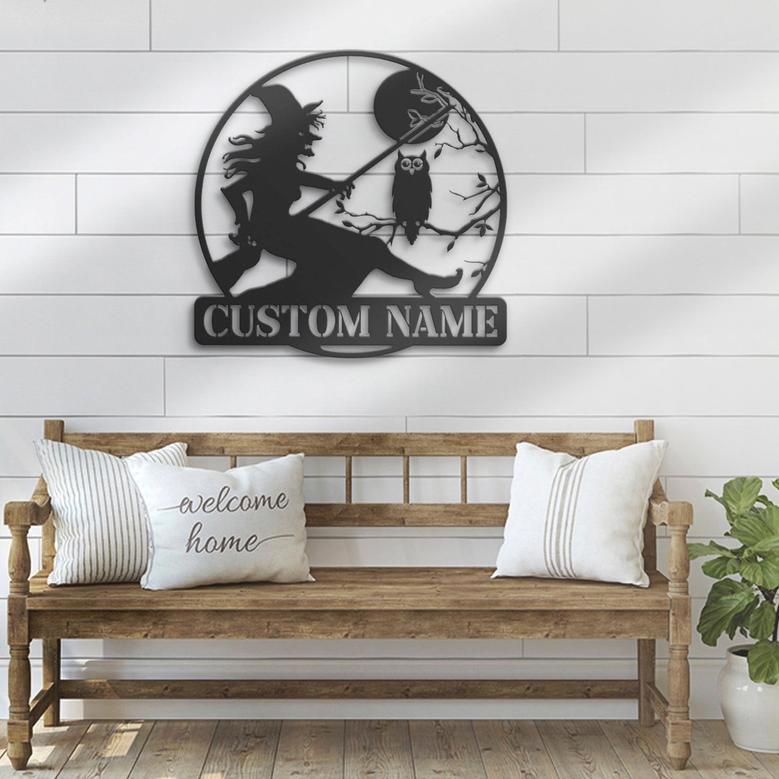 Custom Halloween Metal Sign with Witch and Owl for Home Décor