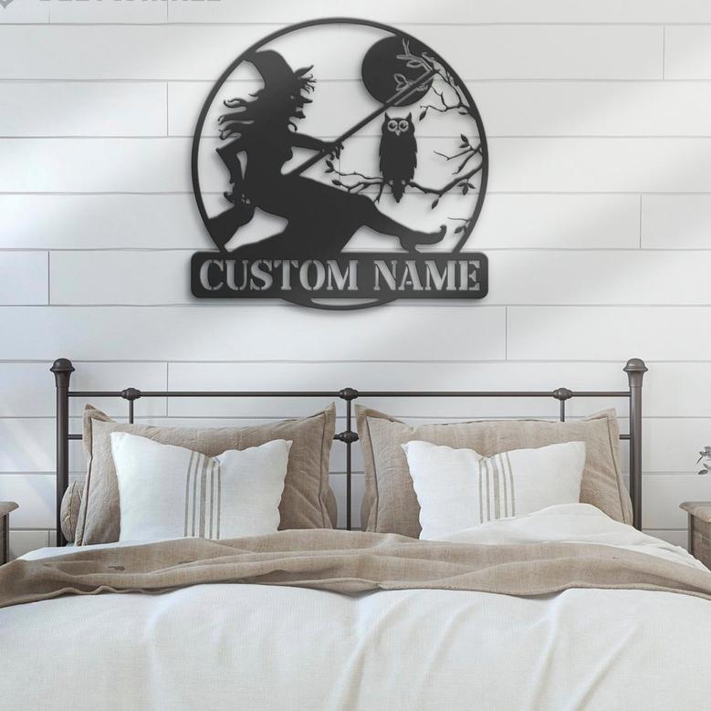 Custom Halloween Metal Sign with Witch and Owl for Home Décor