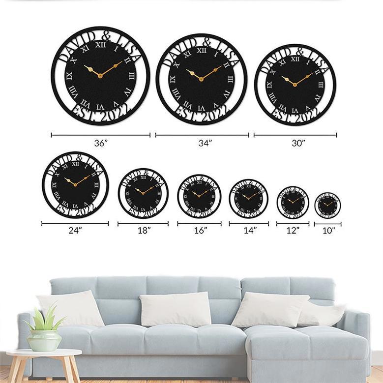 Custom Metal Wall Clock with Roman Numerals and Family Name