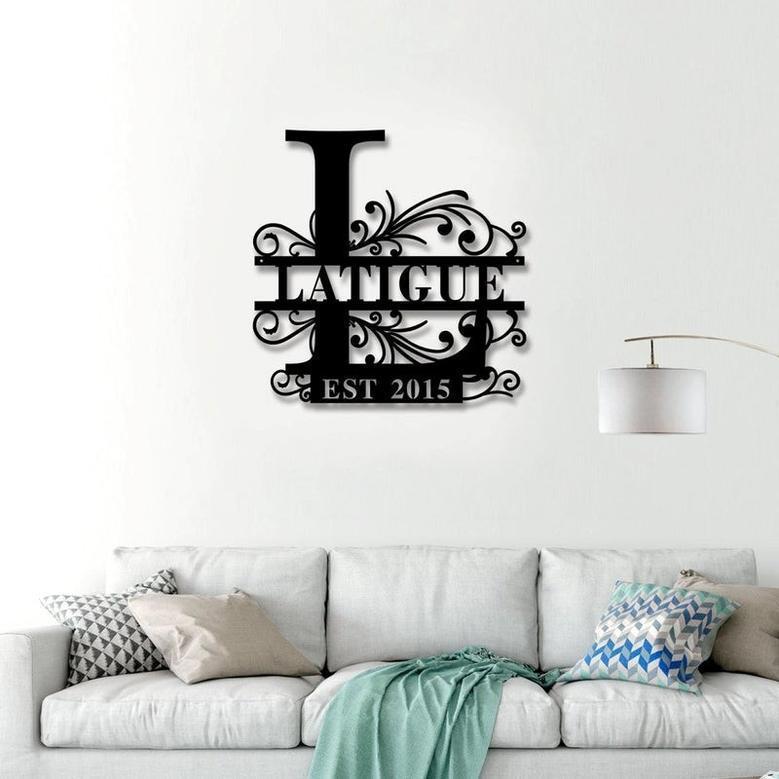 Custom Metal Sign with Split Letter Monogram for Home Decor