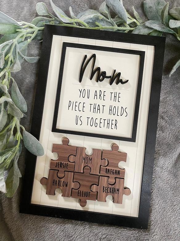 Custom Layered Wood Puzzle Sign – Engraved Family Names, Unique Gift for Mom