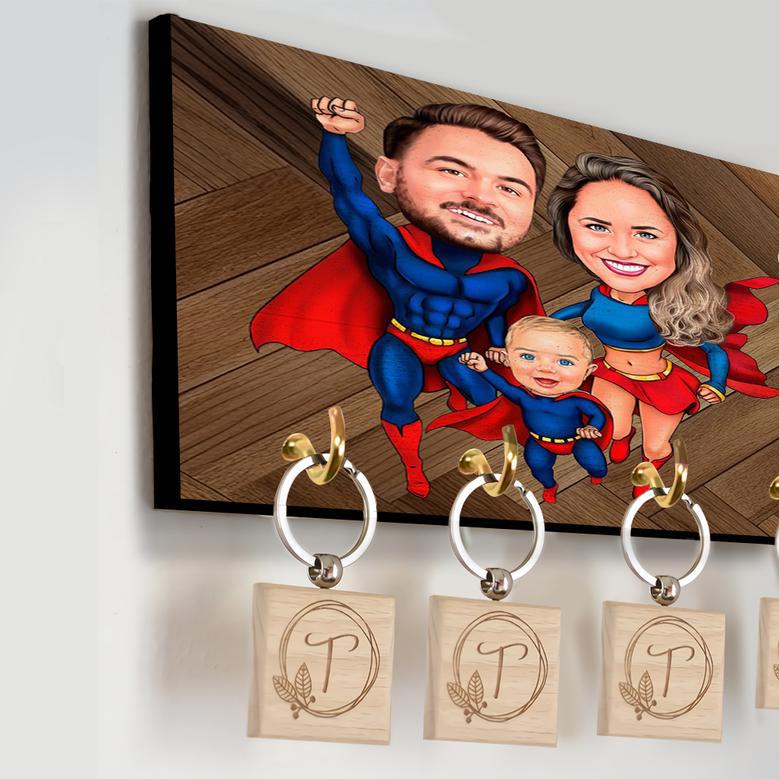 Wooden Caricature Family Key Holder for Rustic Wall Decor, Gifts for Families