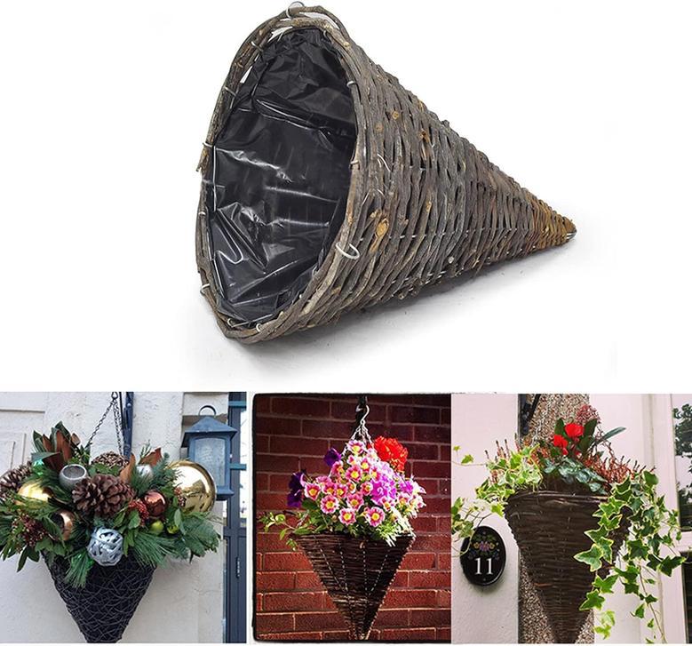 Handmade Cone Rattan Wall Planter Basket with Plastic Liner