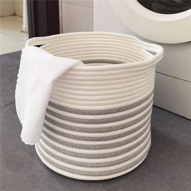 Handmade Round Woven Cotton Rope Laundry Basket with Handle