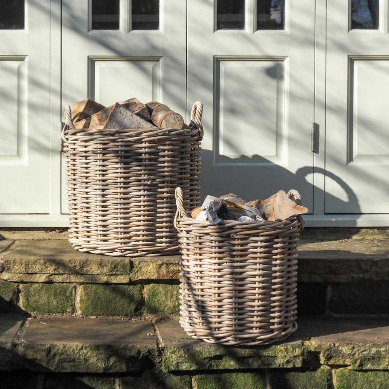 Stylish Grey & Buff Rattan Wicker Log Basket for Storage