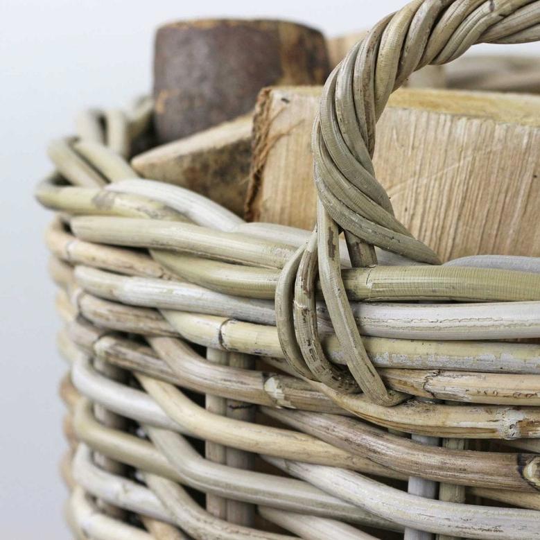 Stylish Grey & Buff Rattan Wicker Log Basket for Storage