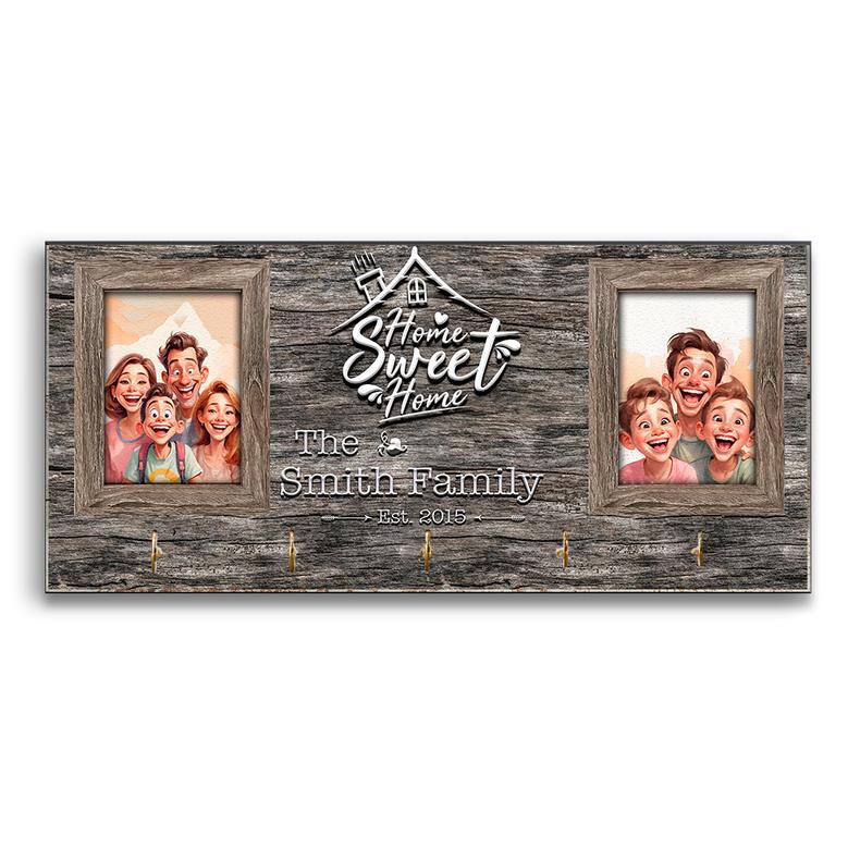 Home Sweet Home - Wooden Caricature Family Key Holder for Rustic Wall Decor