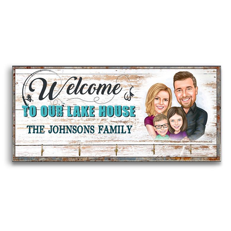 Welcome to Our Lake House – Rustic Family Caricature Key Holder for Charming Home Decor