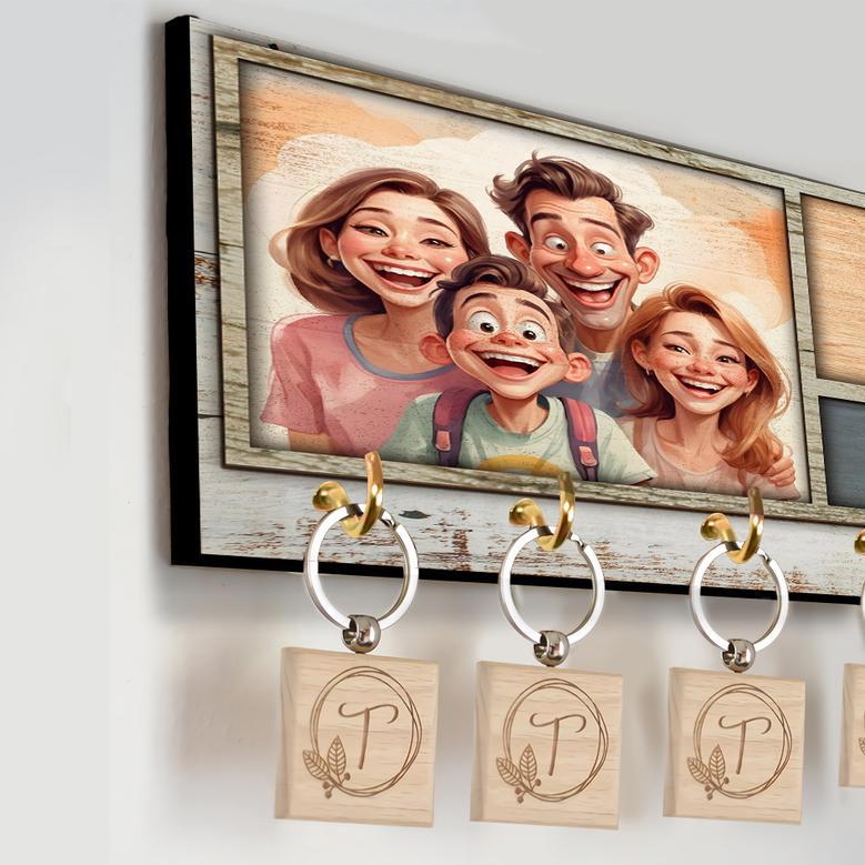 Wooden Caricature Family Key Holder for Rustic Wall Decor, Unique Gifts for Families