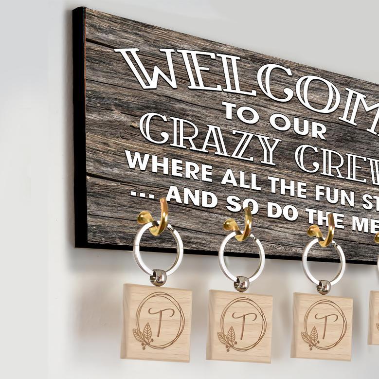 Welcome To Our Crazy Crew - Wooden Caricature Key Holder for Rustic Wall Decor