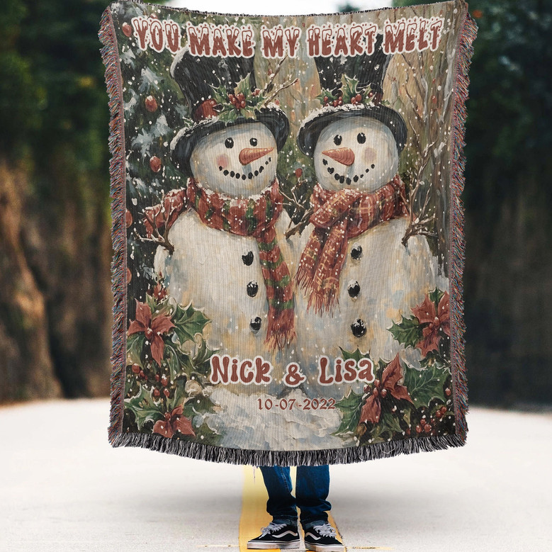 Personalized Christmas Snowman Woven Blanket, You Make My Heart Melt Anniversary Blanket Personalized Christmas Snowman Woven Blanket, You Make My Heart Melt Anniversary Blanket