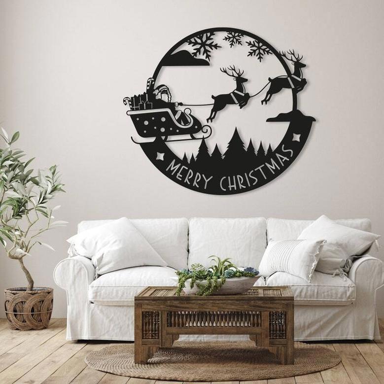 Merry Christmas Santa Metal Wall Art - Deer & Sleigh Sign for Front Door Décor or Holiday Gift