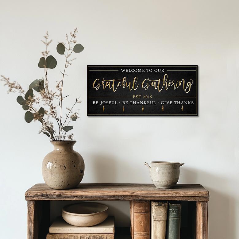 Grateful Gathering Key Holder, Personalized Gratitude Sign, Rustic Family Wall Decor