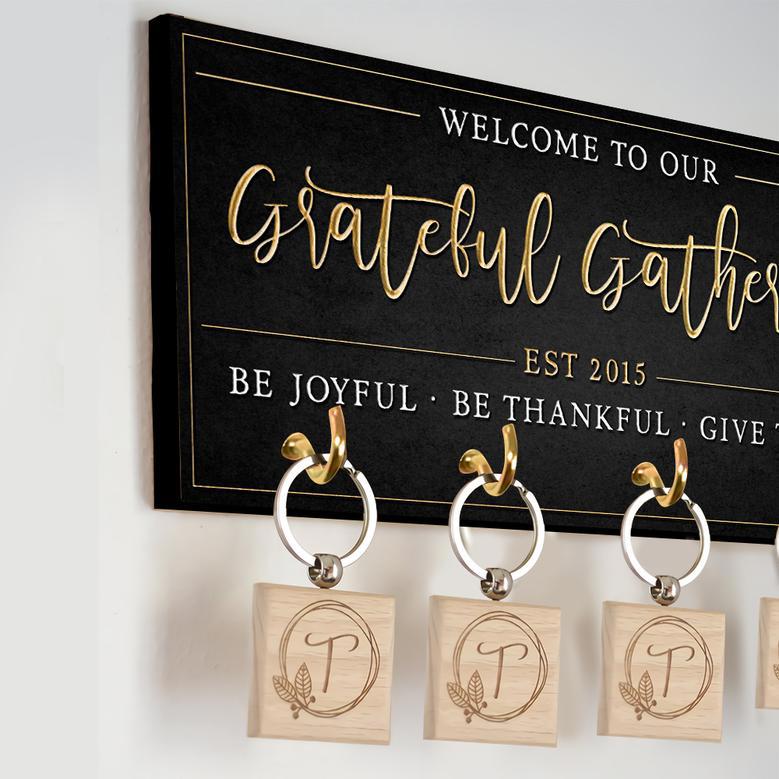 Grateful Gathering Key Holder, Personalized Gratitude Sign, Rustic Family Wall Decor