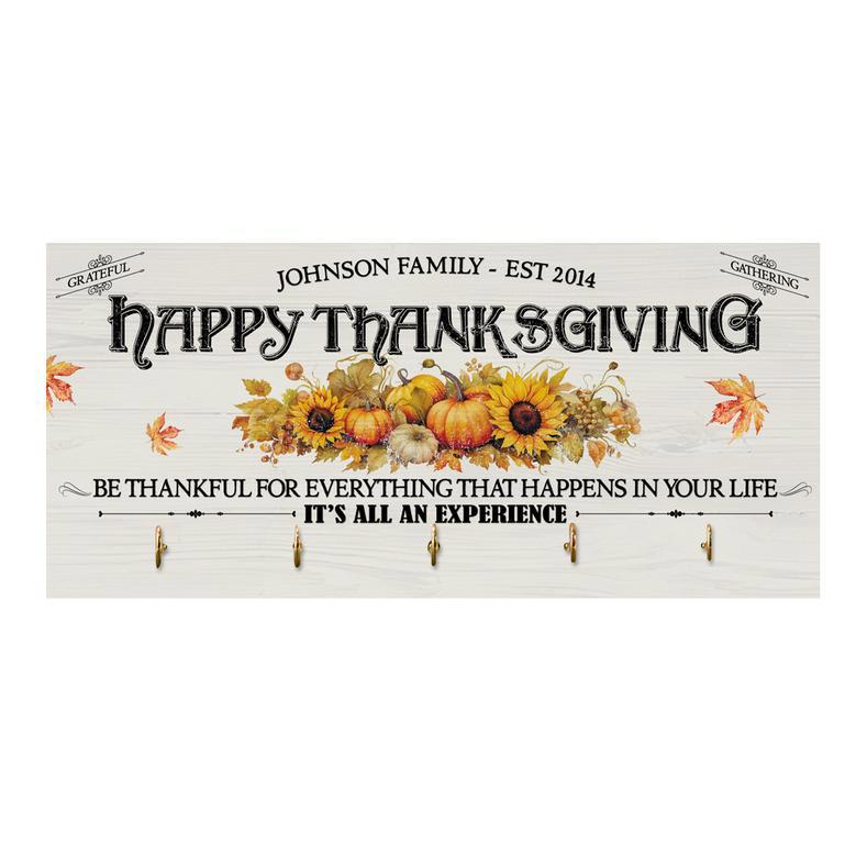 Happy Thanksgiving Family Key Holder, Personalized Grateful Gathering Sign, Rustic Fall Decor