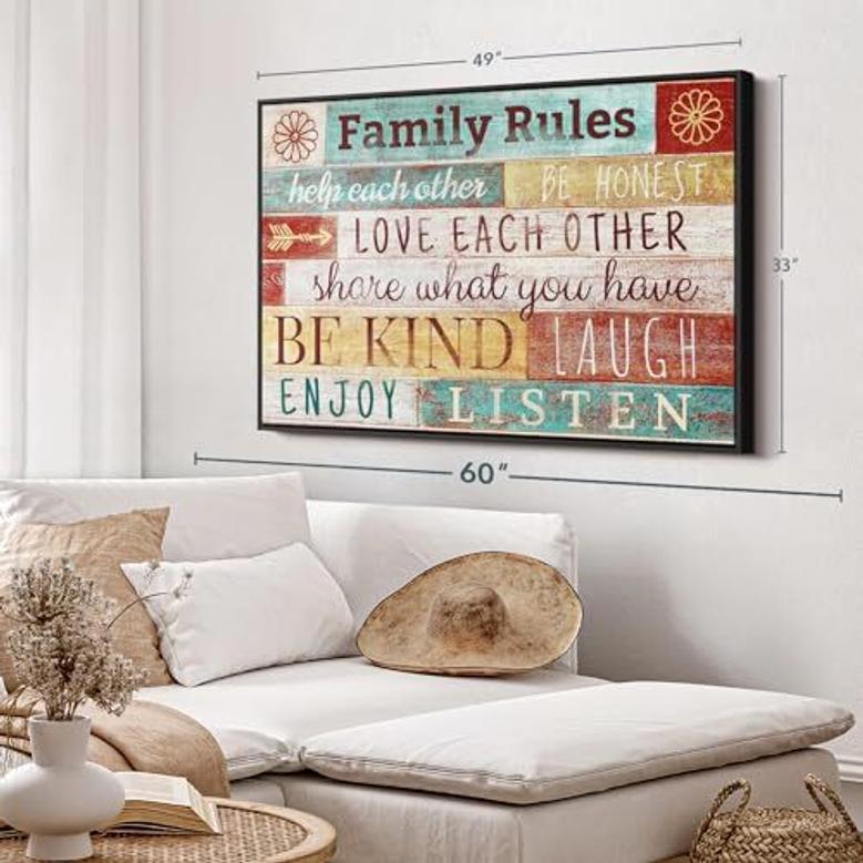 Elephant Family Rules Typography Canvas – Inspiring Quote Wall Art for Living Room Decor