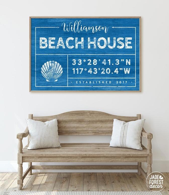 Personalized Beach Cottage Canvas Sign with Custom Coordinates and Sea Turtle Art