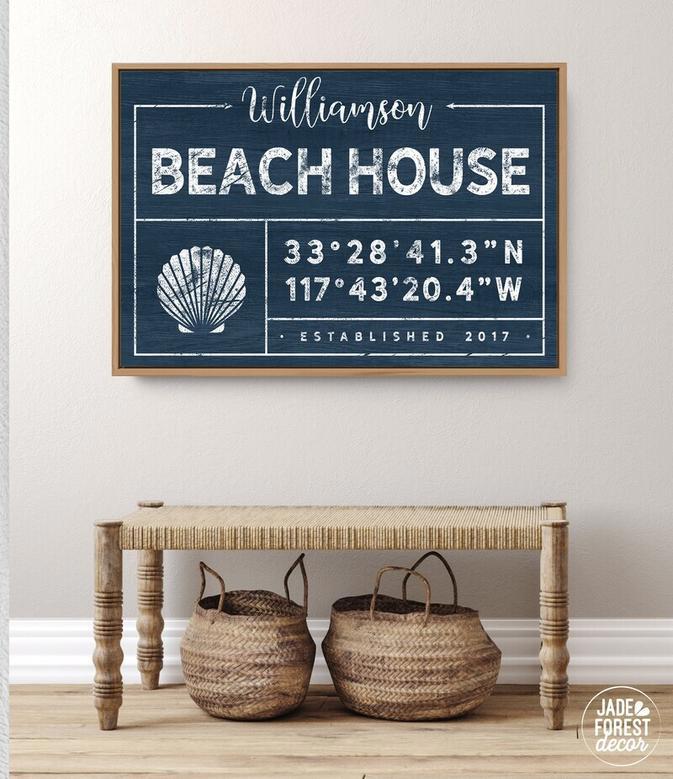 Personalized Beach Cottage Canvas Sign with Custom Coordinates and Sea Turtle Art