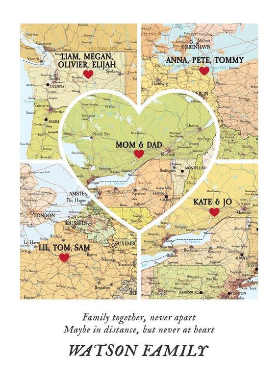 Thoughtful Christmas Family Gift Canvas: Custom 5-Place Heart Map For Long Distance Connections