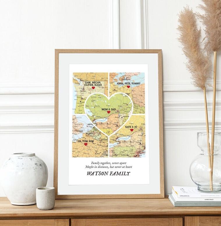 Thoughtful Christmas Family Gift Canvas: Custom 5-Place Heart Map For Long Distance Connections