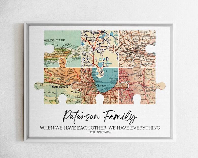 Personalized Family Puzzle Map Canvas Print - Thoughtful Christmas Gift For Parents - Long Distance Wall Art For Living Room