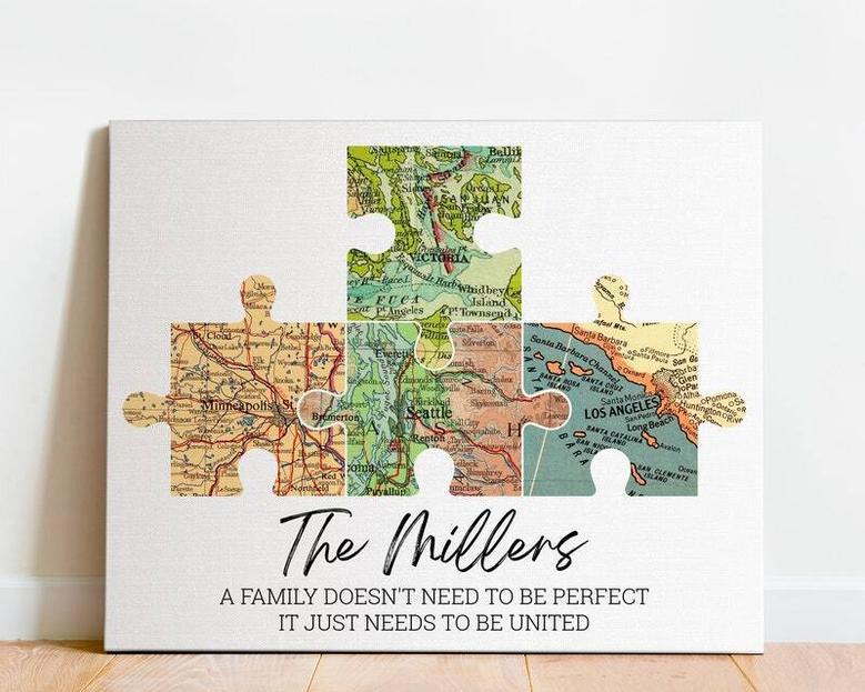 Personalized Family Puzzle Map Canvas Print - Thoughtful Christmas Gift For Parents - Long Distance Wall Art For Living Room