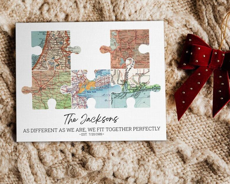 Personalized Family Puzzle Map Canvas Print - Thoughtful Christmas Gift For Parents - Long Distance Wall Art For Living Room