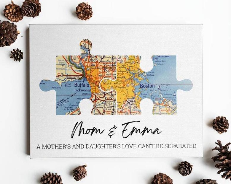 Personalized Family Puzzle Map Canvas Print - Thoughtful Christmas Gift For Parents - Long Distance Wall Art For Living Room