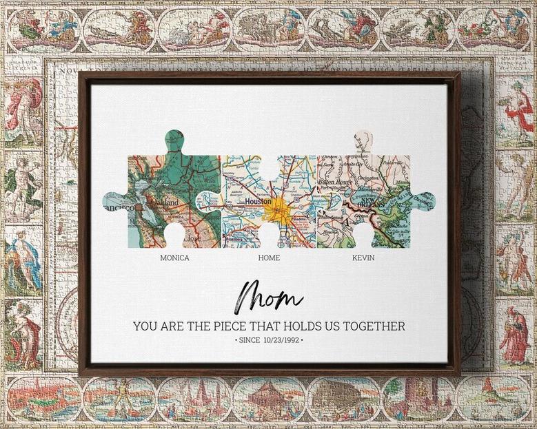 Personalized Family Puzzle Map Canvas Print - Thoughtful Christmas Gift For Parents - Long Distance Wall Art For Living Room