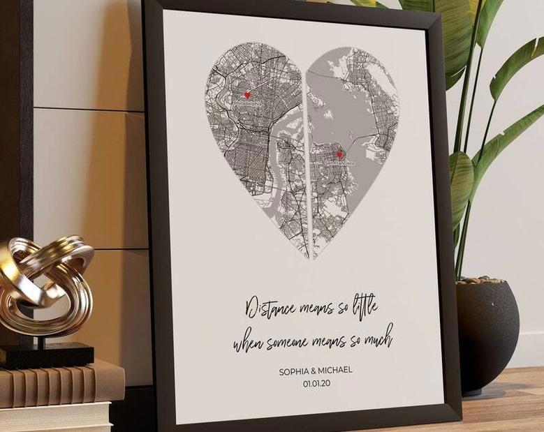 Personalized Anniversary Canvas For Long Distance Couples - Heart Map Design For Valentine's DéCor