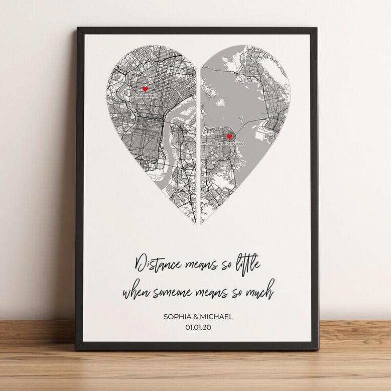 Personalized Anniversary Canvas For Long Distance Couples - Heart Map Design For Valentine's DéCor