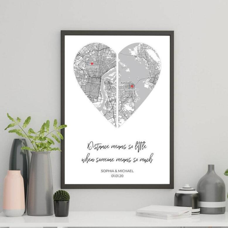 Personalized Anniversary Canvas For Long Distance Couples - Heart Map Design For Valentine's DéCor