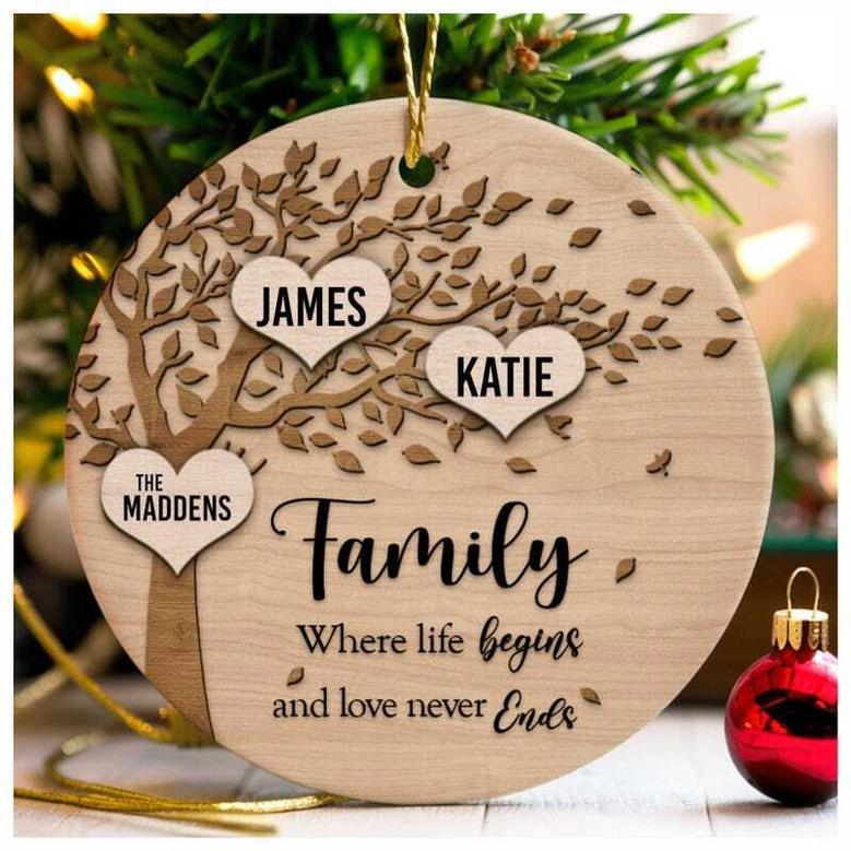 Family Tree Ceramic Christmas Ornament - 'Where Life Begins and Never Ends' Personalized Gift