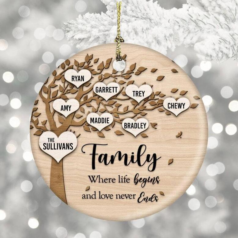 Family Tree Ceramic Christmas Ornament - 'Where Life Begins and Never Ends' Personalized Gift