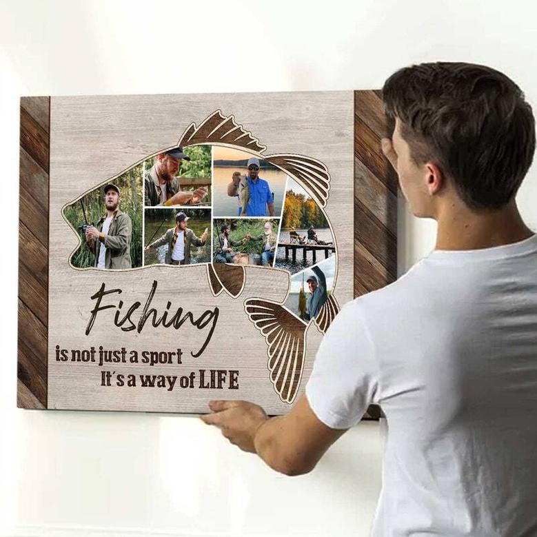 Fishing Dad Photo Collage Canvas - Heartfelt Christmas Gifts For Fisherman Dad Sign, Husband, Grandpa