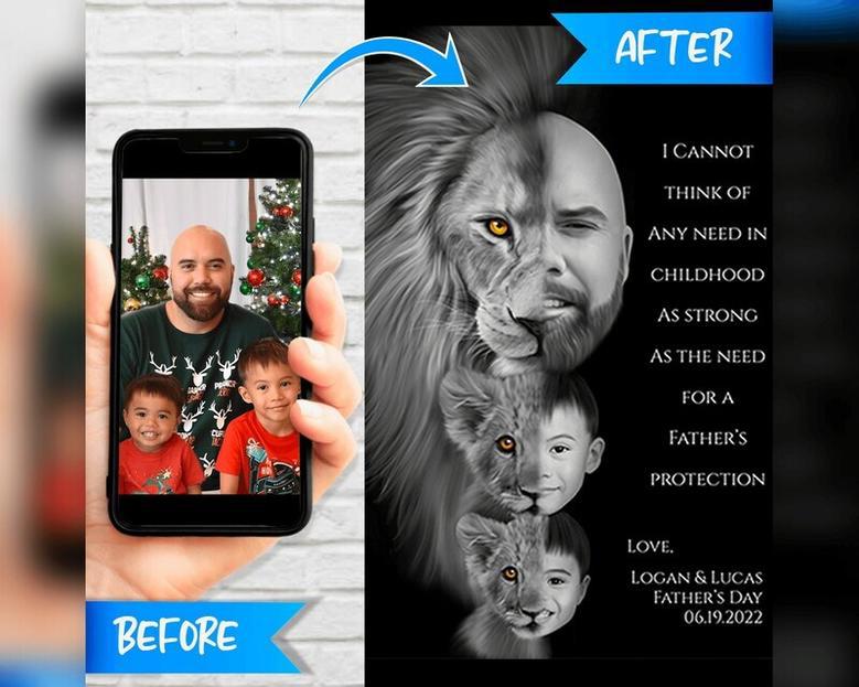 Personalized Lion Dad Canvas Gift For Father's Day - Thoughtful Family Portrait DéCor For Dad & Son