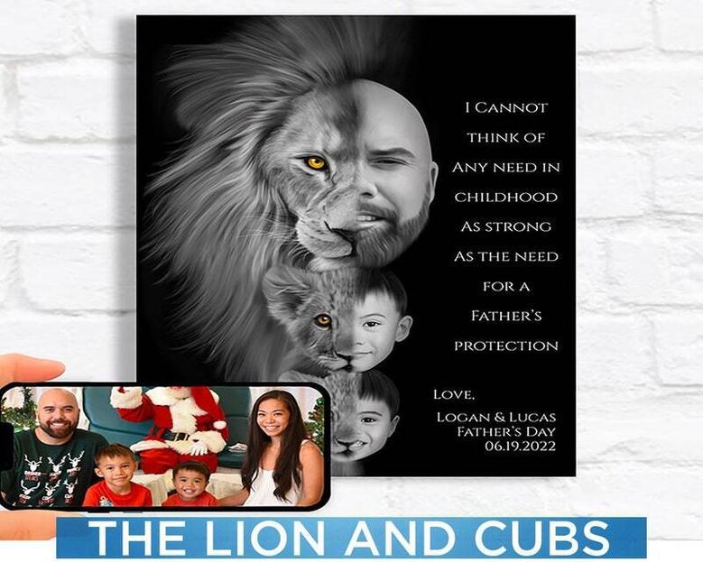 Personalized Lion Dad Canvas Gift For Father's Day - Thoughtful Family Portrait DéCor For Dad & Son