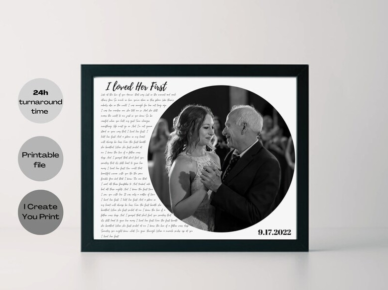 Father daughter dance canvas, portrait layout, personalized with wedding photo, names, date; heartfelt Father's Day gift
