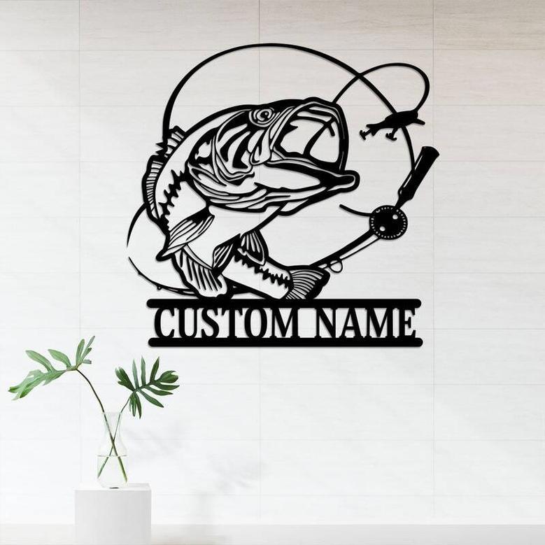 Bass Fishing Metal Wall Art For Dad - Personalized LED Sign For Man Cave, Fisherman Gift Decor