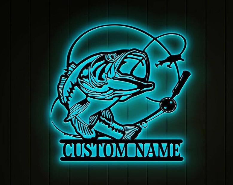 Bass Fishing Metal Wall Art For Dad - Personalized LED Sign For Man Cave, Fisherman Gift Decor