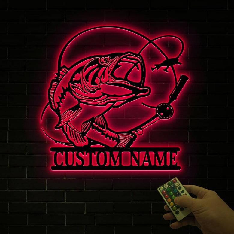 Bass Fishing Metal Wall Art For Dad - Personalized LED Sign For Man Cave, Fisherman Gift Decor