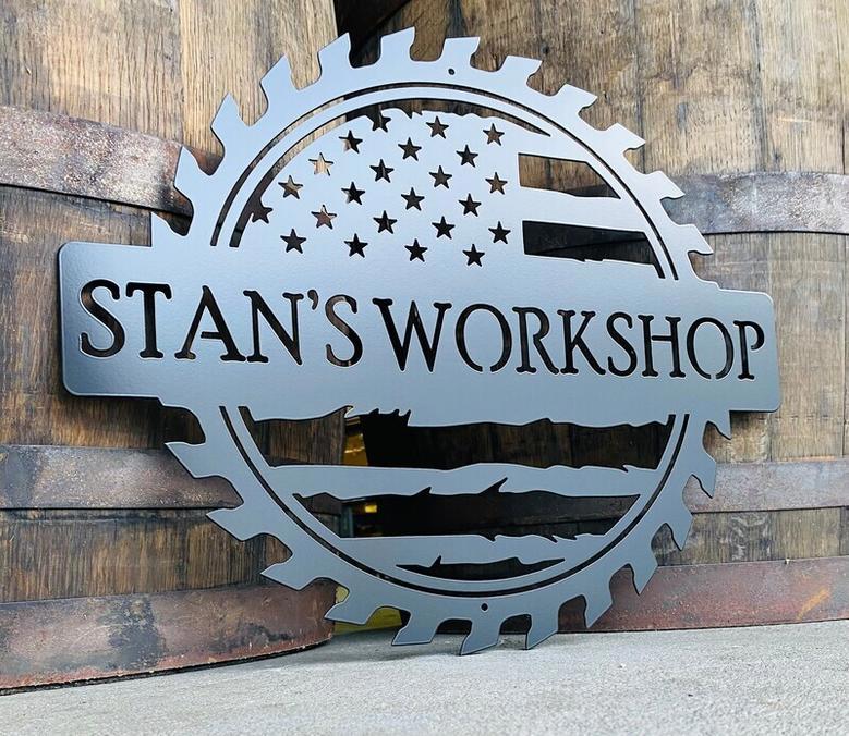 Personalized Dad Workshop Metal Sign With Tattered American Flag - Perfect Christmas Gift For Garage Or Shop Decor