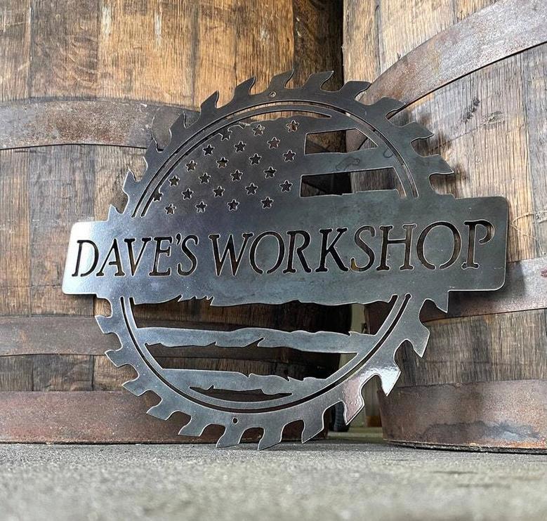 Personalized Dad Workshop Metal Sign With Tattered American Flag - Perfect Christmas Gift For Garage Or Shop Decor