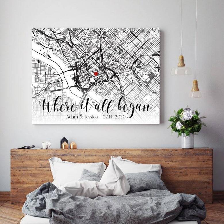 Personalized Where We Met Map Canvas For Couples - Engagement & Christmas Gift Idea