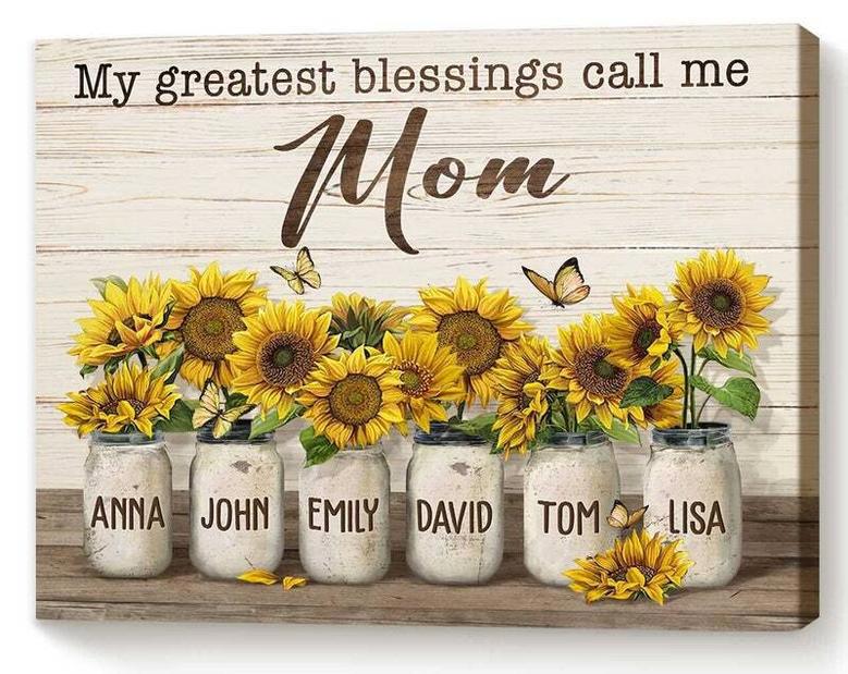 Personalized Mom Sun Flower Canvas - Thoughtful Christmas And Birthday Gift For Mothers With Kids' Names