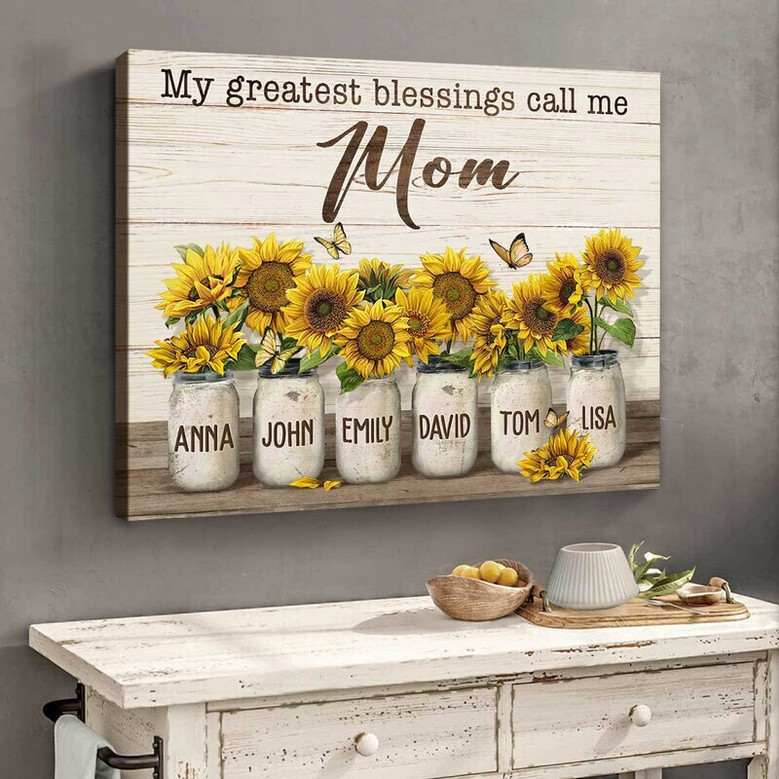 Personalized Mom Sun Flower Canvas - Thoughtful Christmas And Birthday Gift For Mothers With Kids' Names