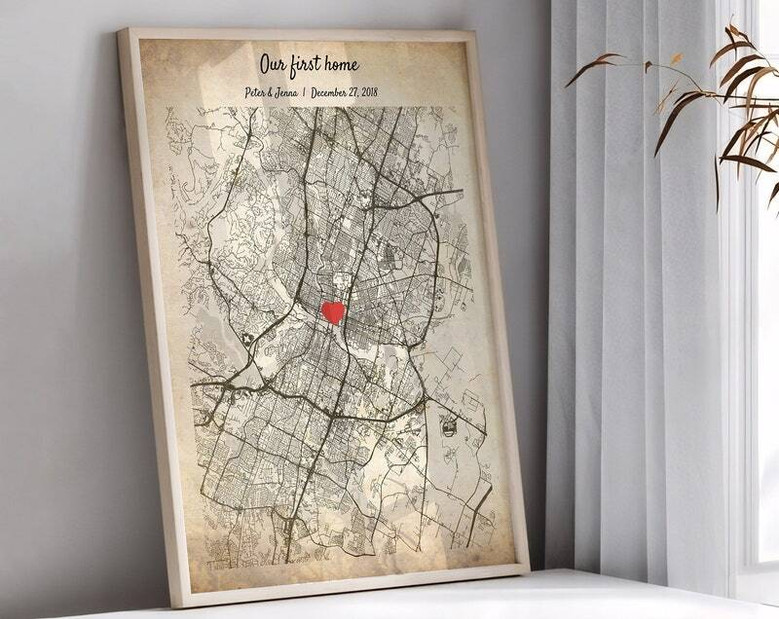 Personalized city map canvas Our First House, custom address with names and date, portrait layout, new homeowner gift.