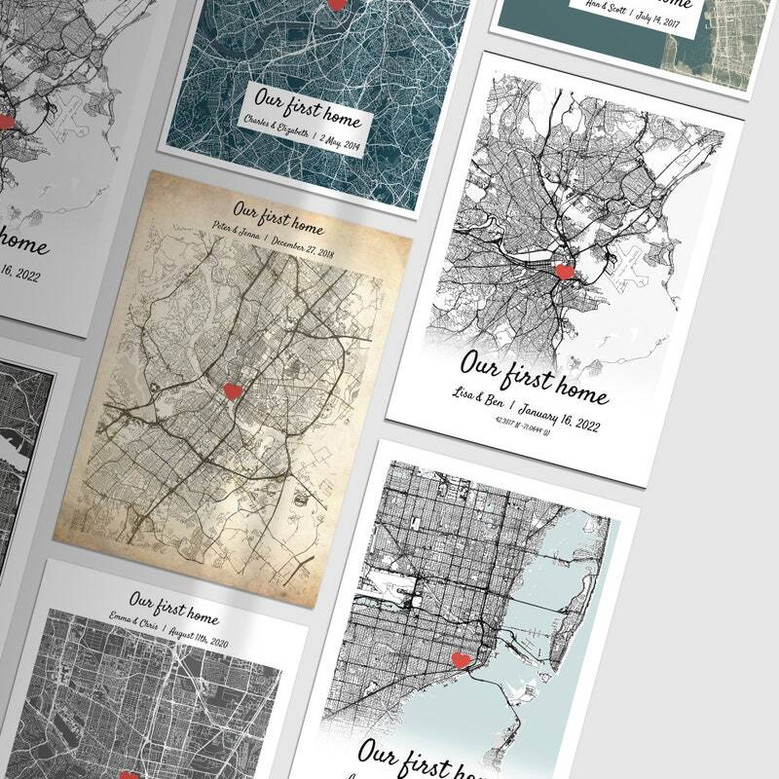 Personalized city map canvas Our First House, landscape print with coordinates, closing gift for new homeowners.