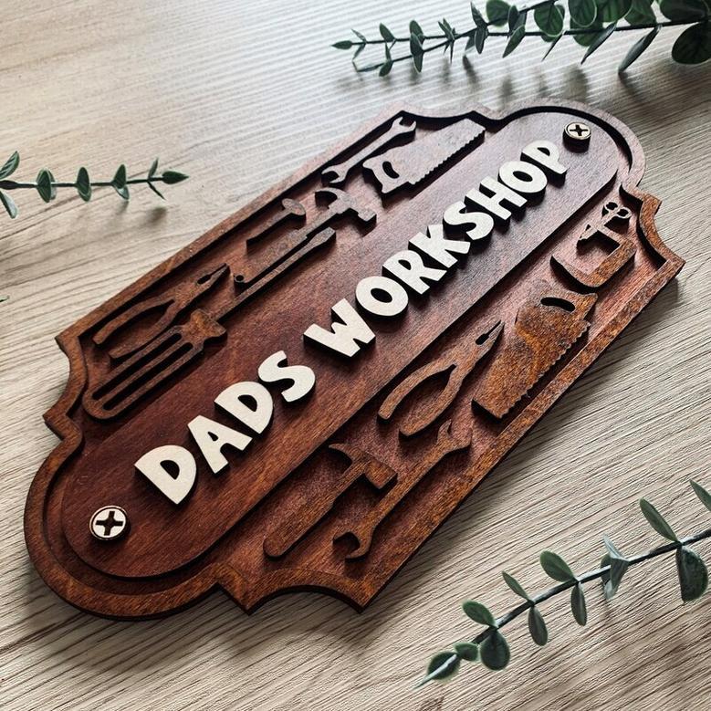 Personalized Dad Workshop Wood Sign - Rustic Plaque For Garage Or Shed, Fathers Day Gift For Him